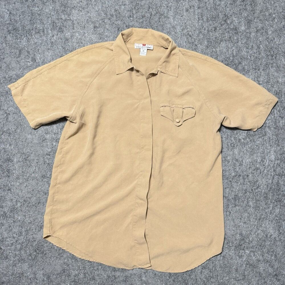 Vintage 80s Stunt Collections 100% Silk Shirt M Tan Hidden Button Safari Boxy